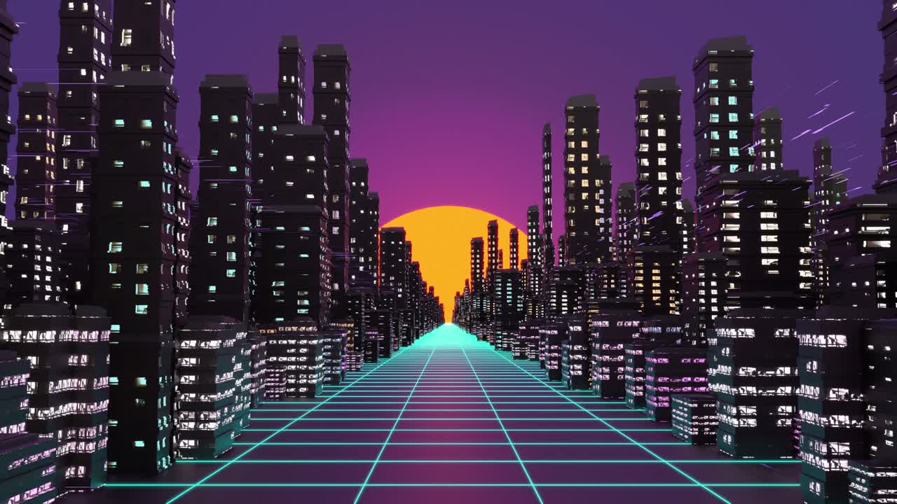 Vaporwave cyberpank city background. 3D illustration, 3D rendering.