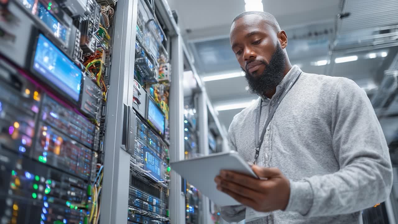 Professional technician inspecting server equipment while utilizing a digital tablet in a high-tech data center filled with advanced network hardware and intricate wiring