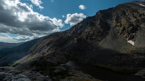 Timelapse,-Clouds-and-Shadows-Moving-Above-Mountain-Peaks-and-Alpine-Lake