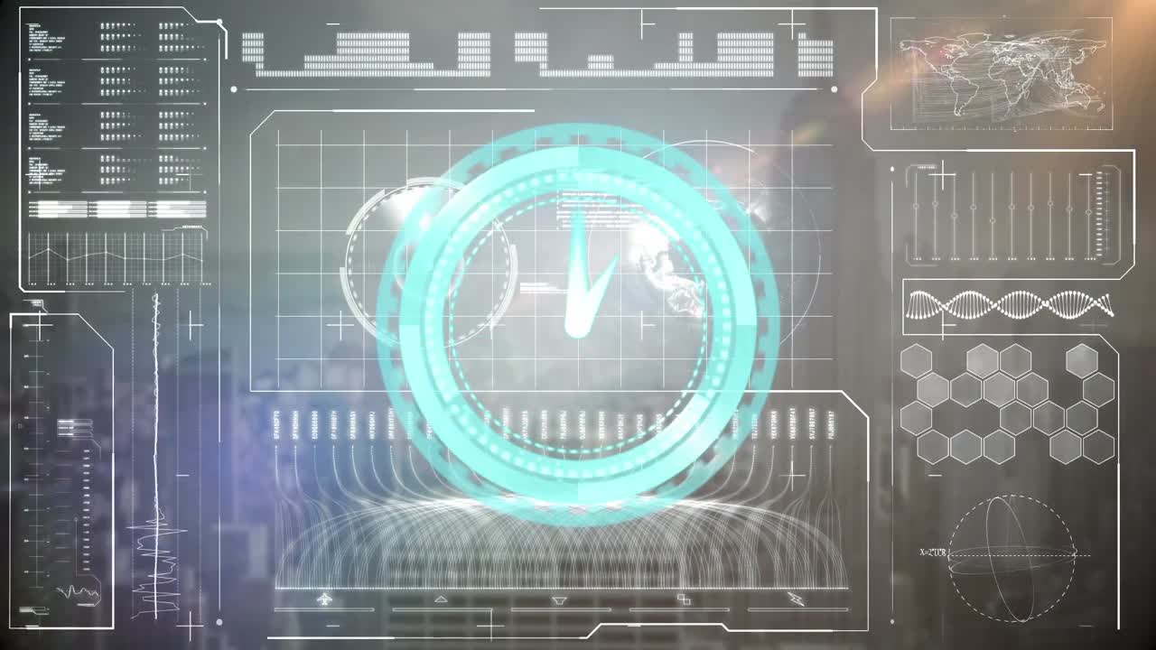 Animation of scope scanning with clock over data processing and cityscape