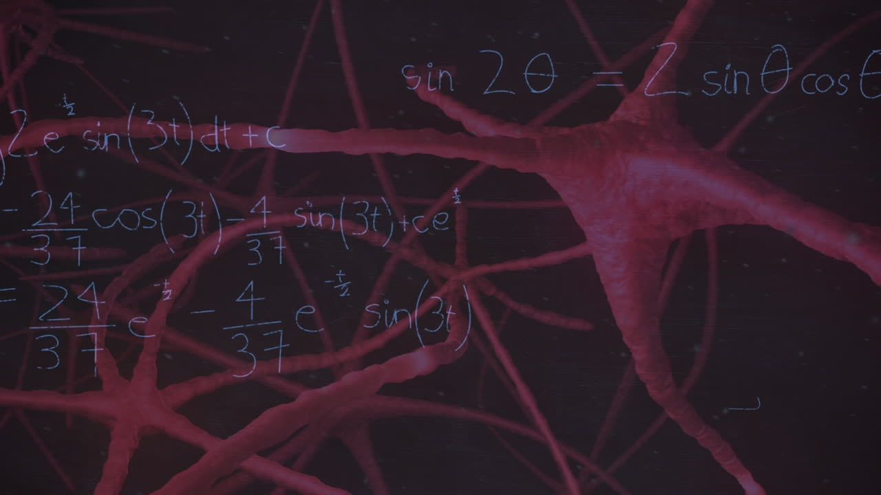 Animation of mathematical equations over neurons on black background