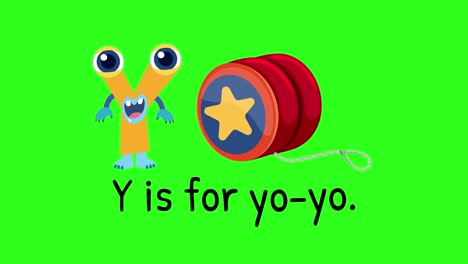 bright animation with a playful character and yo-yo on a green screen, emphasizing the letter y in a fun, educational style