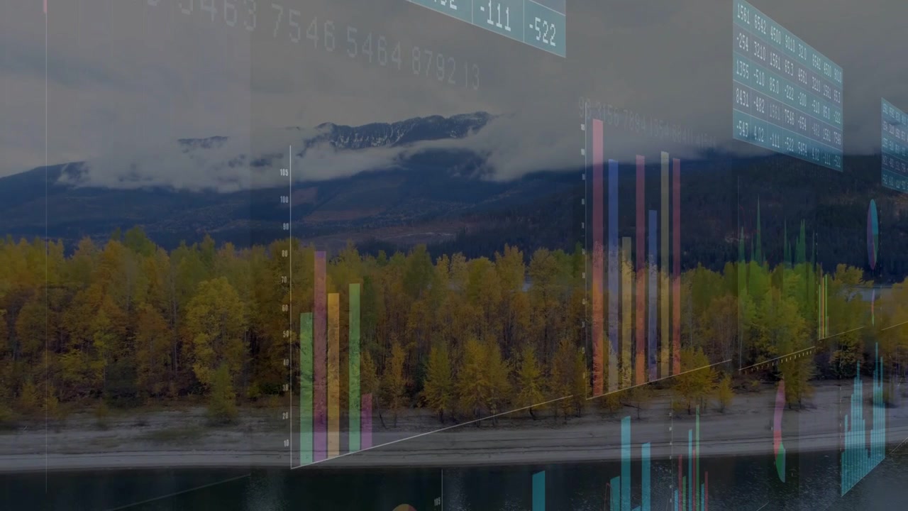On play clear data overlay animating over river, bars shifting, spiral forming, showing trends
