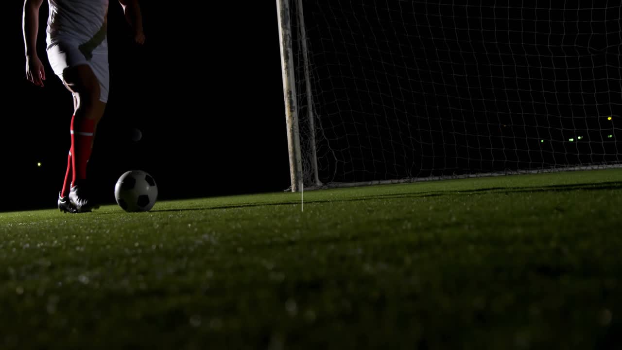 Pemain sepak bola pria menyenggol bola ke depan, mengaktifkan ikon notifikasi dalam analitik olahraga di malam hari.