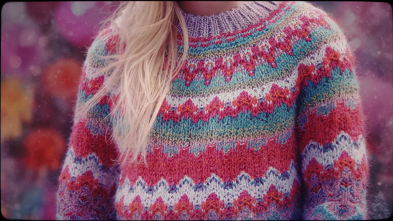 Focusing camera on woman modeling handknit sweater in studio, hair drifting, floating particles