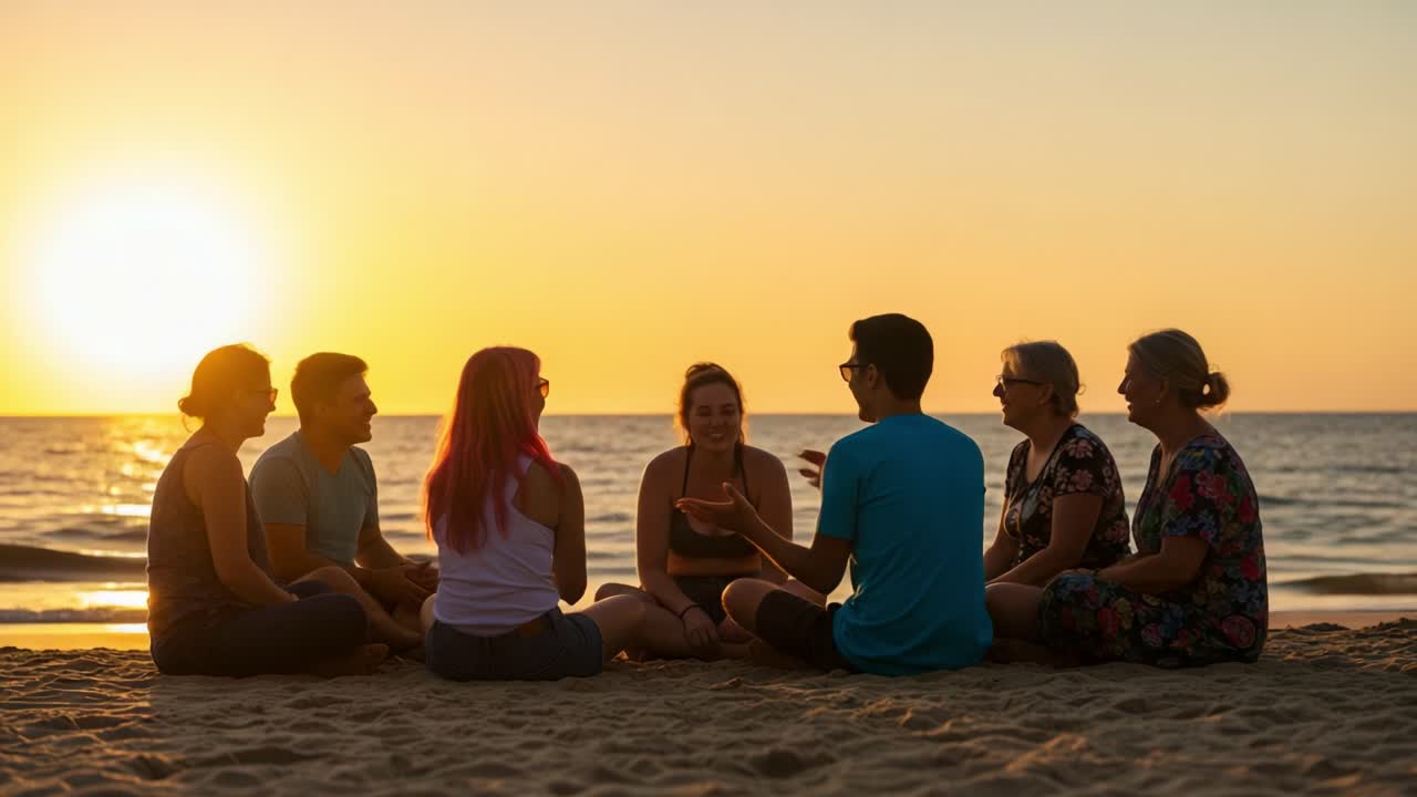 Group of Friends Sharing Stories and Laughter on the Beach at Sunset, Creating Memories and Strengthening Bonds in a Relaxed Atmosphere by the Sea