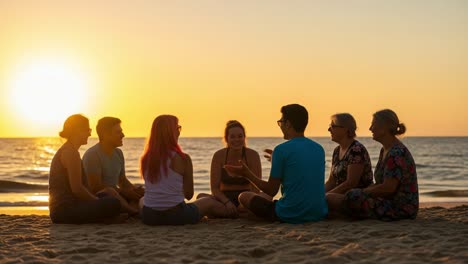 group of friends sharing stories and laughter on the beach at sunset, creating memories and strengthening bonds in a relaxed atmosphere by the sea
