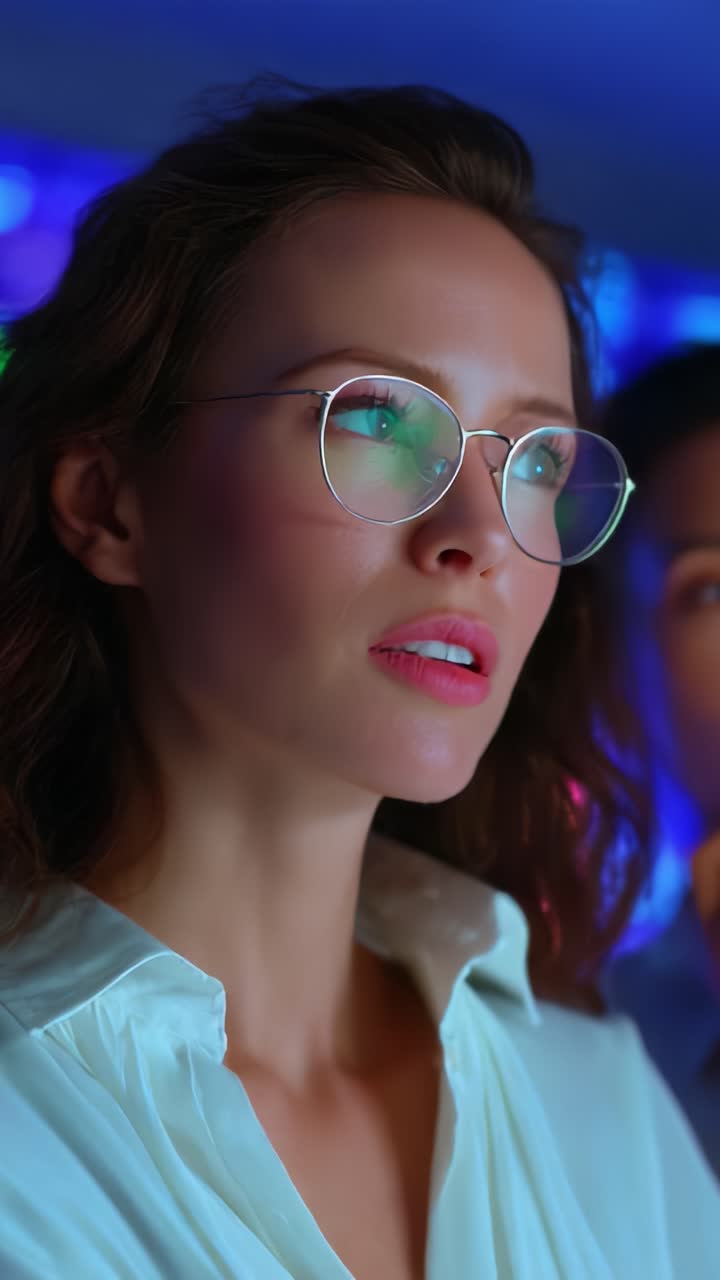 Sguardo accattivante di una donna pensierosa con gli occhiali, circondata da luci colorate che riflettono profonda riflessione e fascino in un'atmosfera vivace