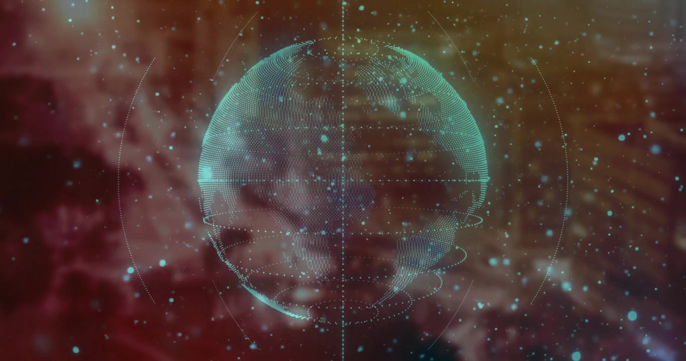 Sphere pulsing into view starting dot-matrix globe rotating rings tracing continents for mapping