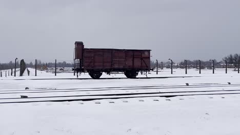 Isolated-train-carriage-in-Auschwitz-Birkenau-in-winter---snowy