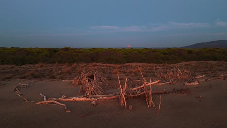 wooden tipi at beach seaside coast at sunset with the moon