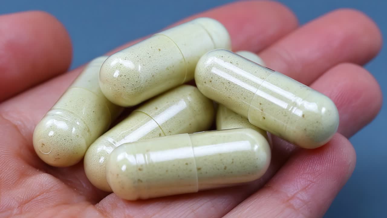 Close-up de cápsulas de ervas em uma mão: uma visão detalhada de suplementos naturais em uma composição focada na palma da mão, mostrando suas texturas e cores únicas