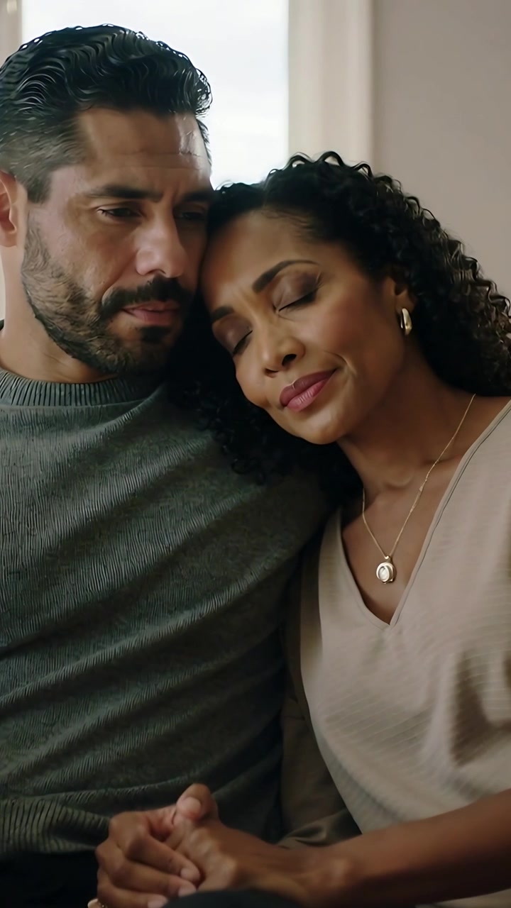 Vertical video: Resting woman leaning on man, man gazing at hands on sofa, comforting, grey sweater