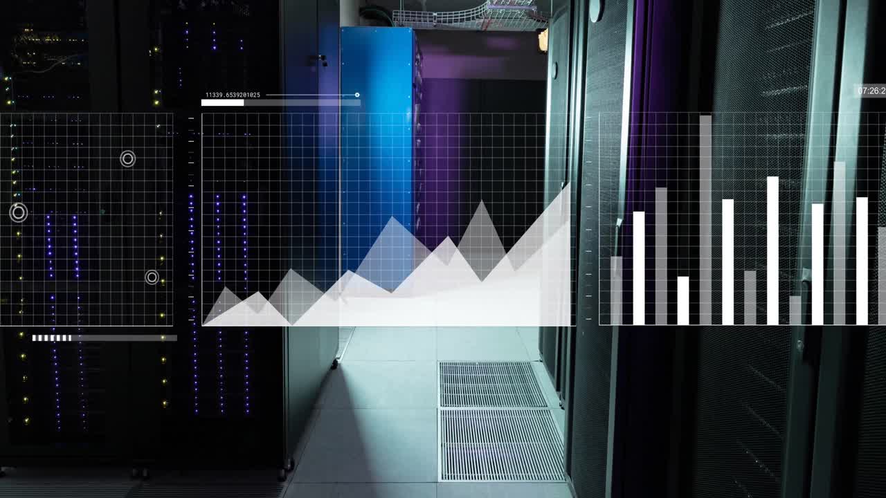 Animation of multiple graphs, map and loading bars over server room in background