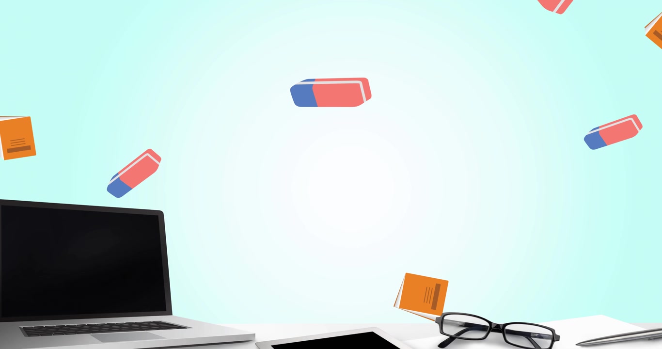 Animation of laptop and office items over green background