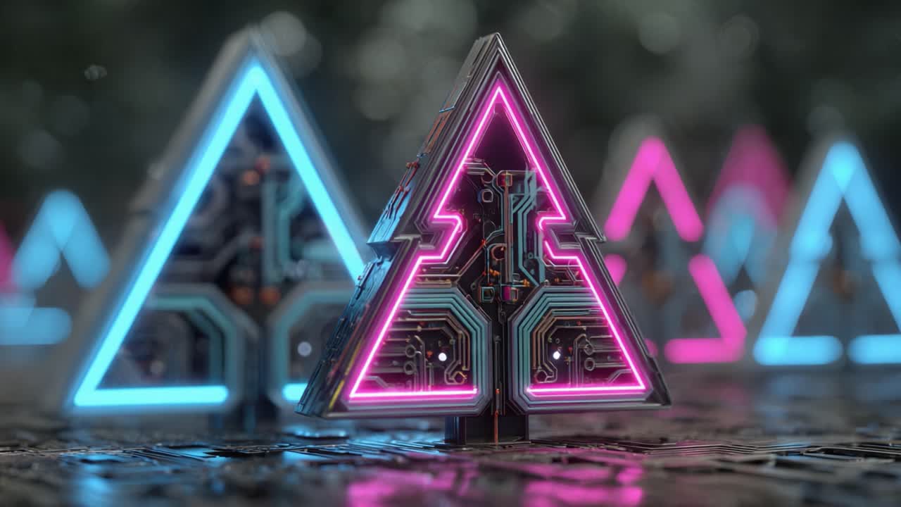Futuristic Geometric Triangular Structures Illuminated with Neon Colors and Intricate Circuitry, Set Against a Blurred Green Background
