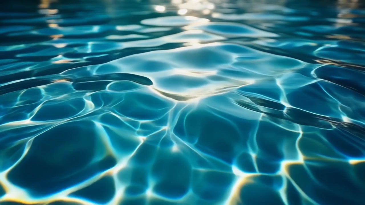 Sinar matahari terpantul pada air kolam renang biru yang beriak