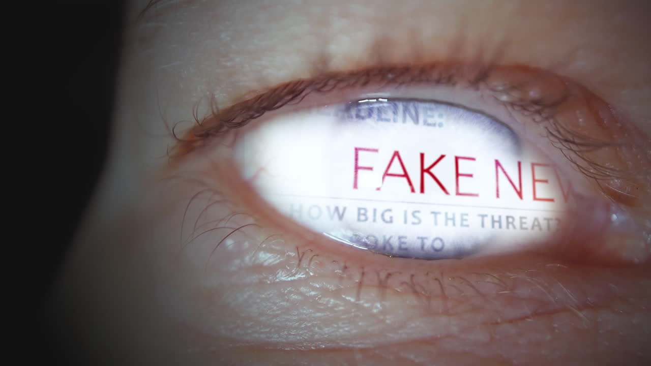 Human Eye With Perceptions Of Fake News. macro shot, after effects