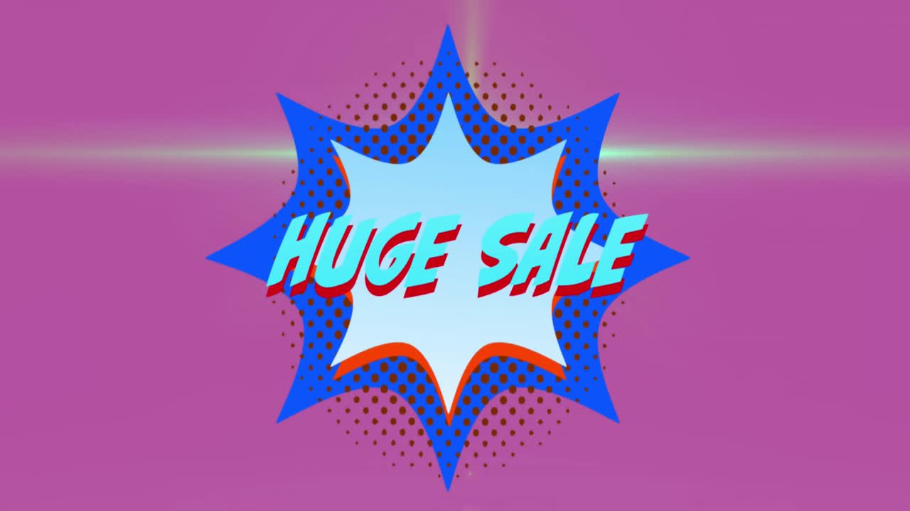 핑크색 배경에 레트로 스타 스피치 버블 위에 거대한 판매 텍스트의 애니메이션.