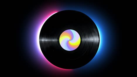 disco de vinilo de línea de neón brillante con pegatina colorida girando en aislado sobre fondo negro. versión 1