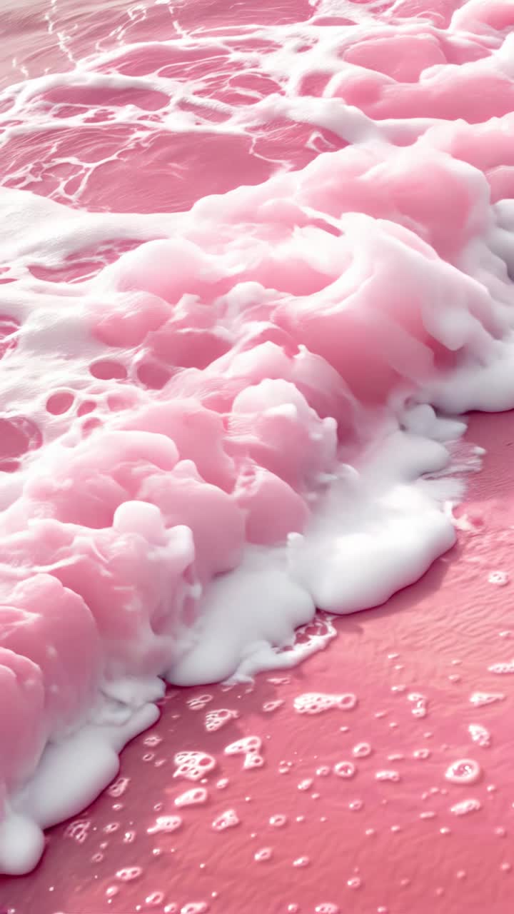 Aerial view of pink ocean waves crashing on the shore, creating a surreal and dreamy effect, perfect