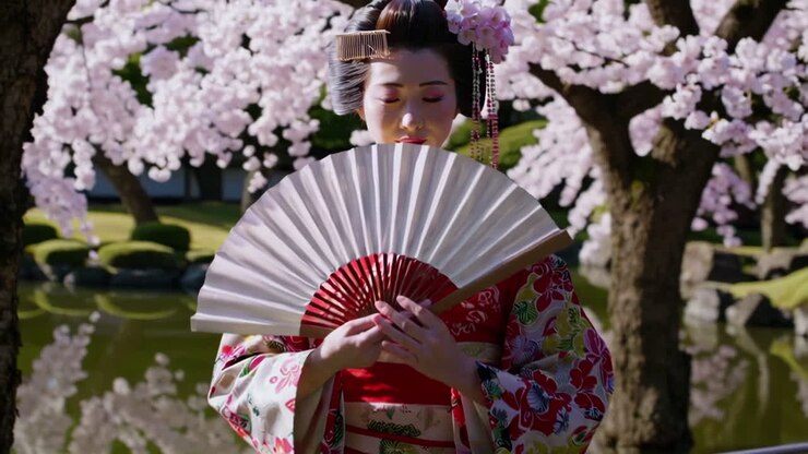 Geisha in un giardino primaverile