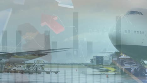 공항 에 서 있는 비행기 들 의 애니메이션 과 관련 된 통계 자료 가 배경 에 나타난다