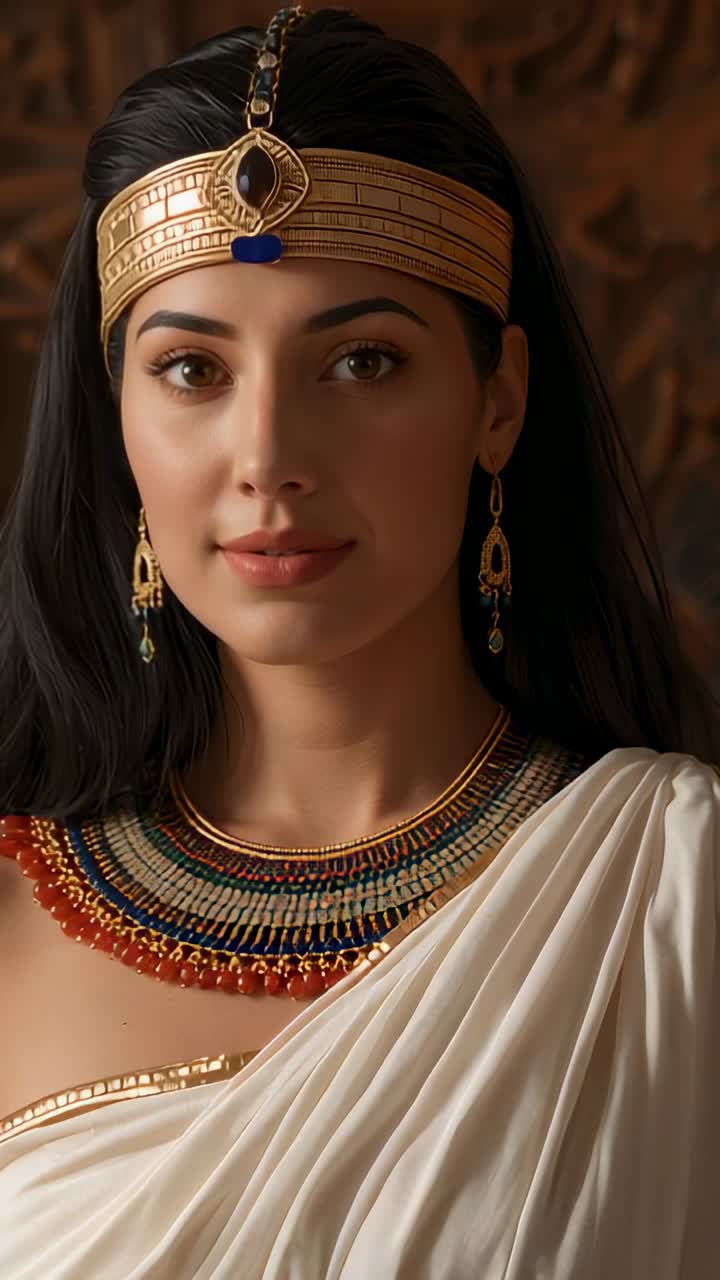 Vertical video: Camera tilting revealing noblewoman standing in temple showcasing gold headpiece