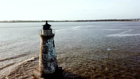 Aerial-Cockspur-Island-Lighthouse,-Tybee-Island,-Georgia