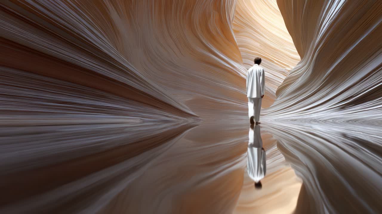 A solitary figure walks through a stunningly intricate canyon with smooth, flowing textures and warm lighting, reflecting on the tranquil waters as nature's art unfolds in breathtaking splendor
