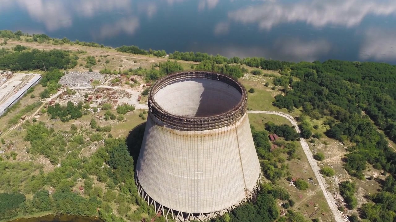 Drone shot of the unfinished cooling tower in the Chernobyl Exclusion Zone.