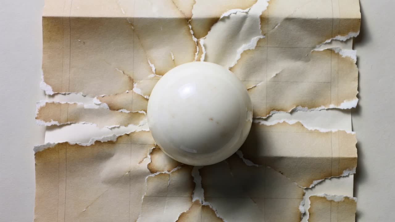 Eine Aufnahmekamera erfasst eine weiße Kugel, die auf gealtertem liniertem Papier ruht und versengte radiale Risse zeigt.