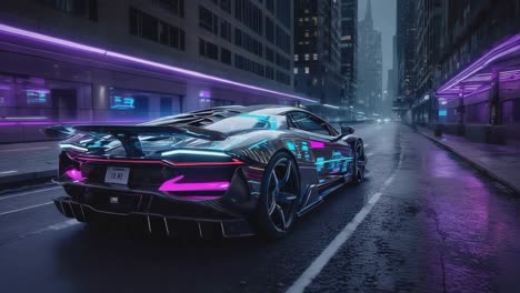 futuristic cyberpunk car with neon lights on a wet city street