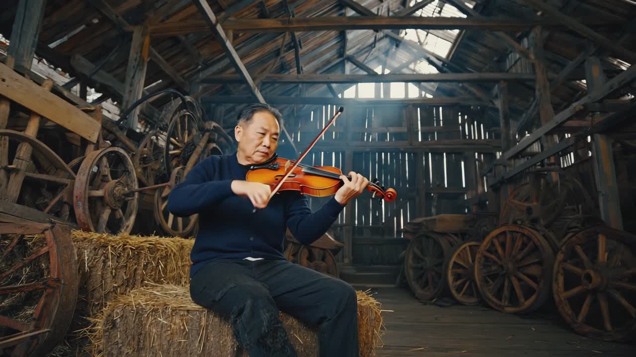 Musician Playing Violin in a Rustic Barn