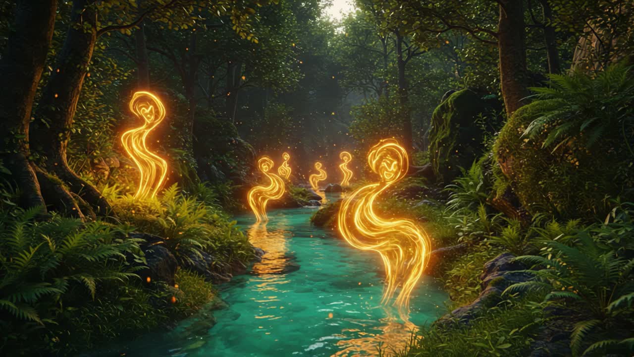 Enchanting Spirits Glide Along a Tranquil Stream, Illuminating the Lush Forest with Mystical Glow and Ethereal Beauty in a Serene Natural Landscape