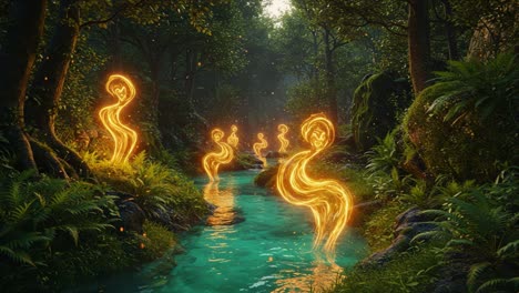 enchanting spirits glide along a tranquil stream, illuminating the lush forest with mystical glow and ethereal beauty in a serene natural landscape
