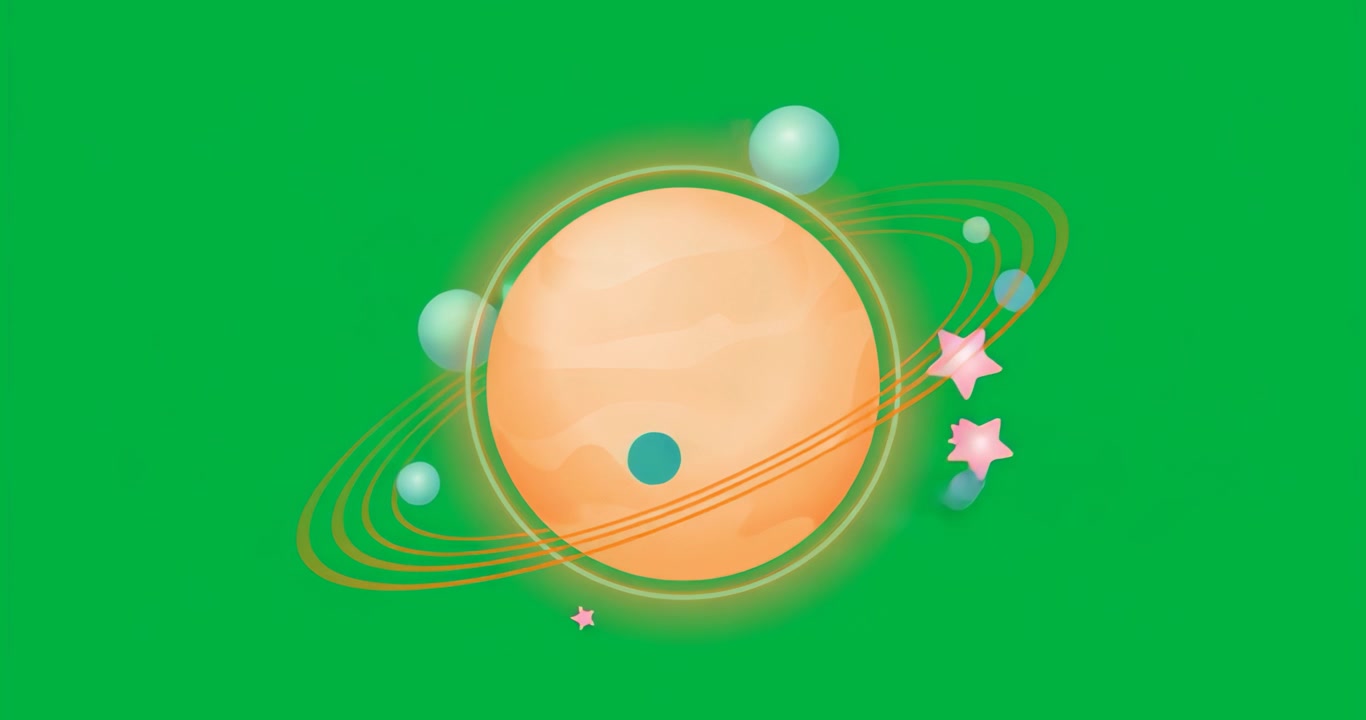 Orange planet initiating orbital motion, moons and stars orbiting rings on transparent background