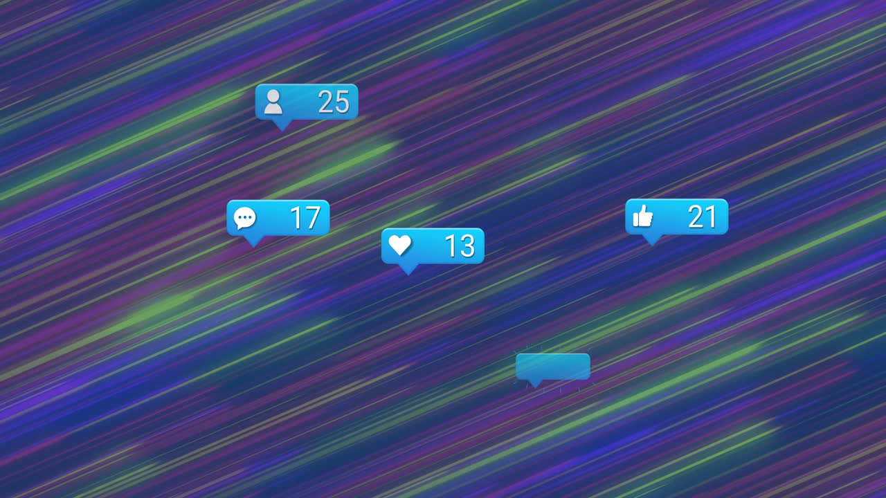 Colorful animation of social media notifications floating diagonally on background