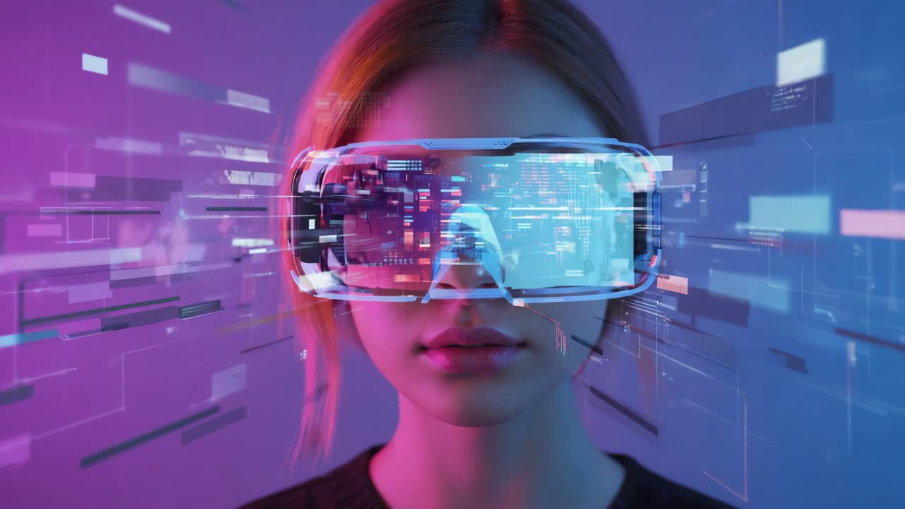 Woman Wearing VR Headset in a Futuristic Digital World