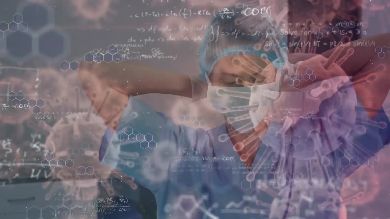 Animation of 3d covid 19 cells and text floating over doctor putting on face mask