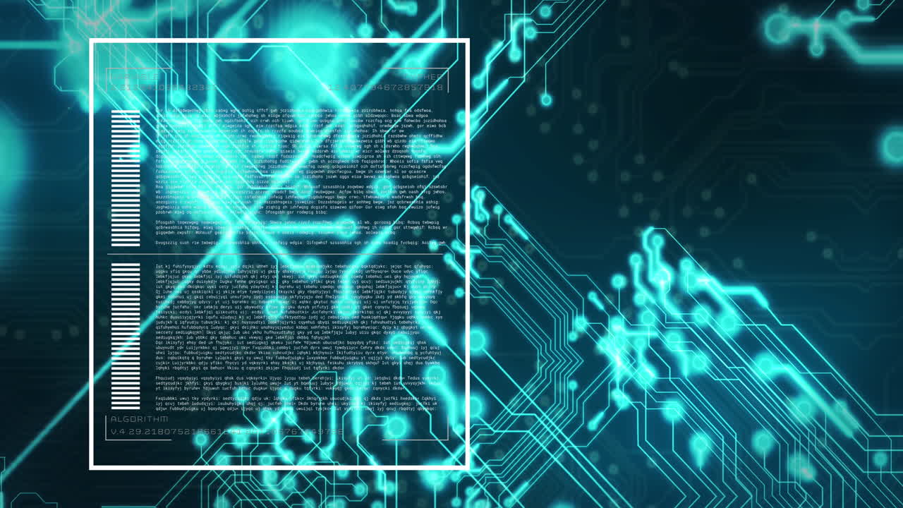 Animation of digital screen with computer language over illuminated electronic circuit board pattern