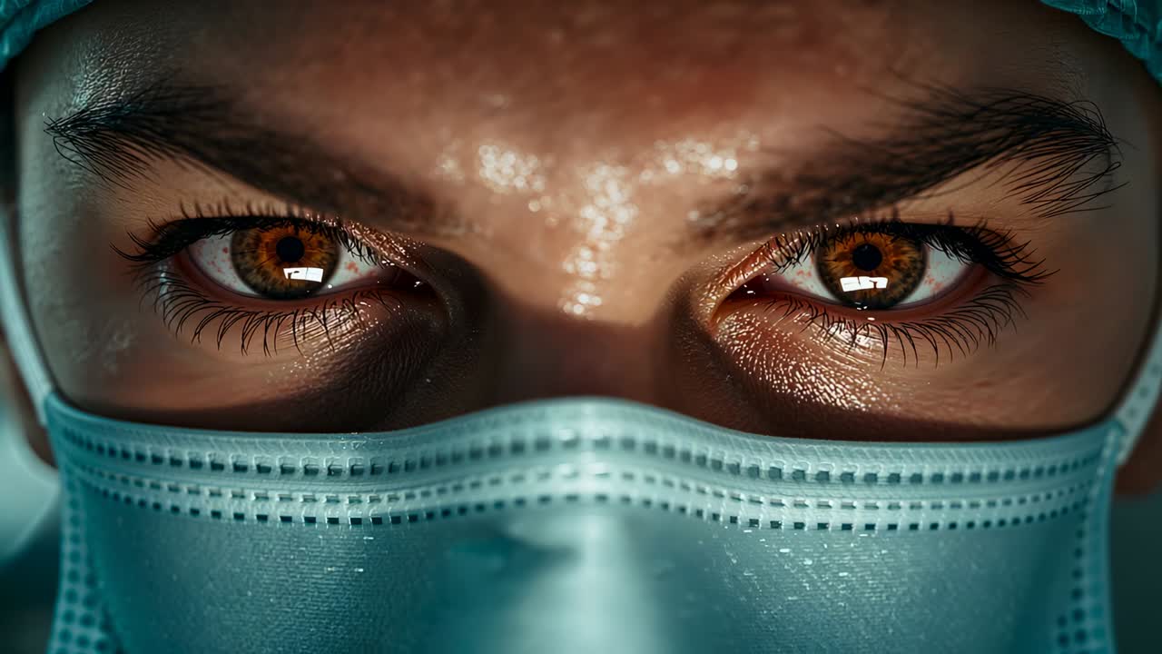 Scanning medical professional's eyes maintaining focused gaze during surgery, with mask cap glare