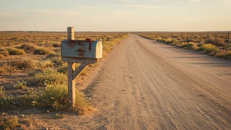 a remote mailbox stands alone along a dusty road, surrounded by expansive grasslands under a golden sunset sky, symbolizing solitude and isolation in nature