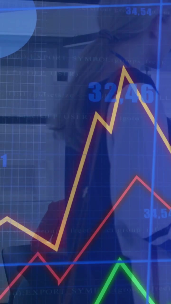 Vertical video: Woman walking past colleague as months shift, driving business charts over torso