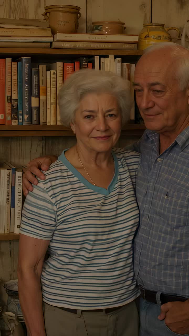 Vídeo vertical: pareja de personas mayores posando a la señal para un retrato en un estudio, camiseta de rayas y estantería detrás