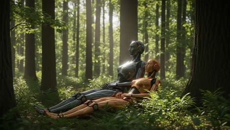 a serene moment of two robotic beings in a lush forest, capturing the harmony between technology and nature under dappled sunlight