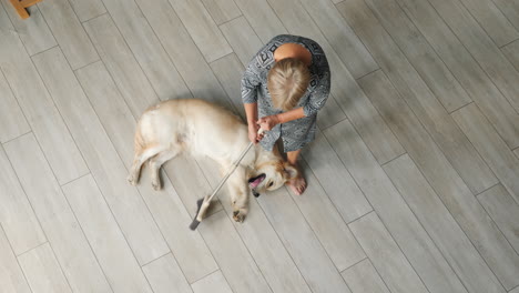 chica jugando con un golden retriever