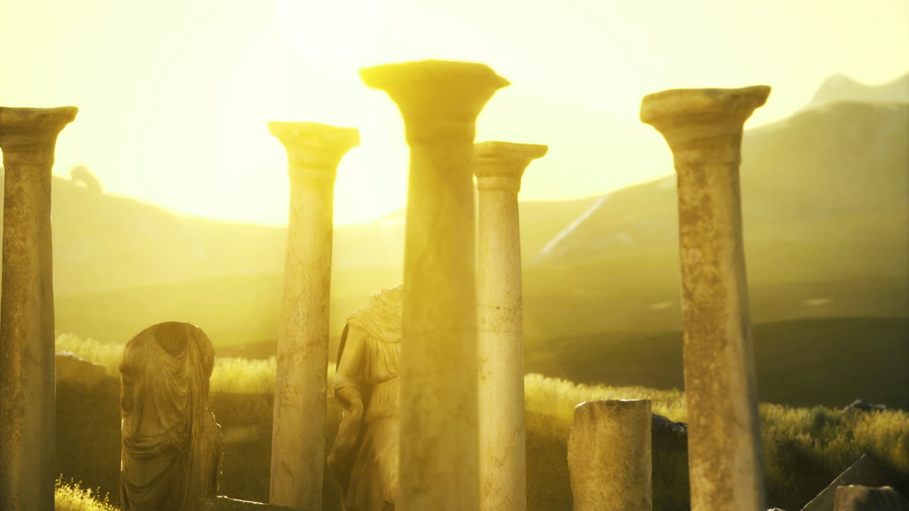 Ancient ruins glow in dawns golden light in a serene landscape