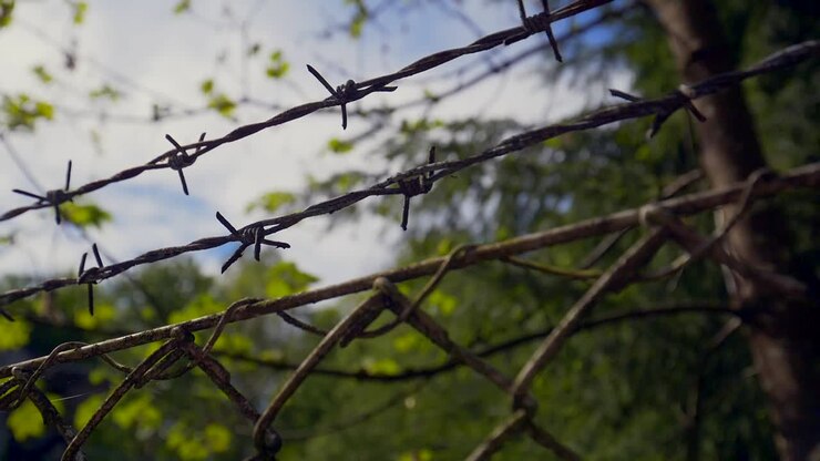 Ripresa ravvicinata in movimento di una vecchia recinzione arrugginita con filo spinato davanti ad alberi di foresta in un'area militare