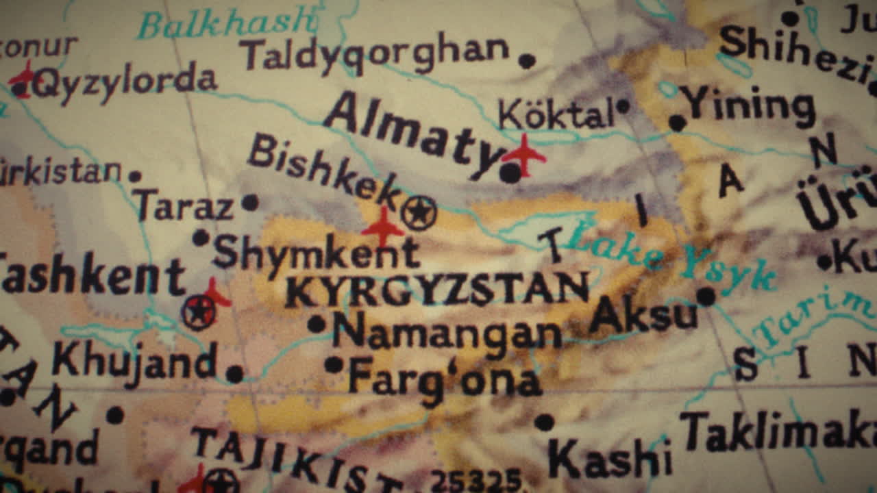 Close-up view of a map focusing on Central Asian countries, including Kyrgyzstan and Kazakhstan